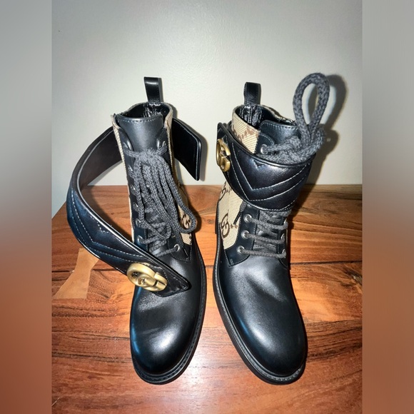 Gucci Logo EU 36 Print Canvas & Leather Combat Boots Booties - Picture 12 of 16